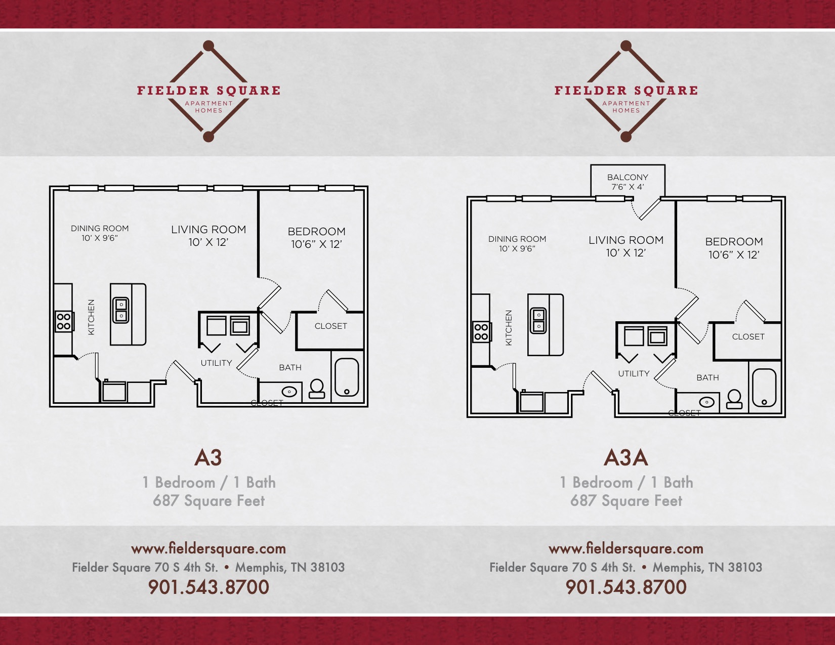 Floor plan for 1 bed, 1 bath, 687 sqft